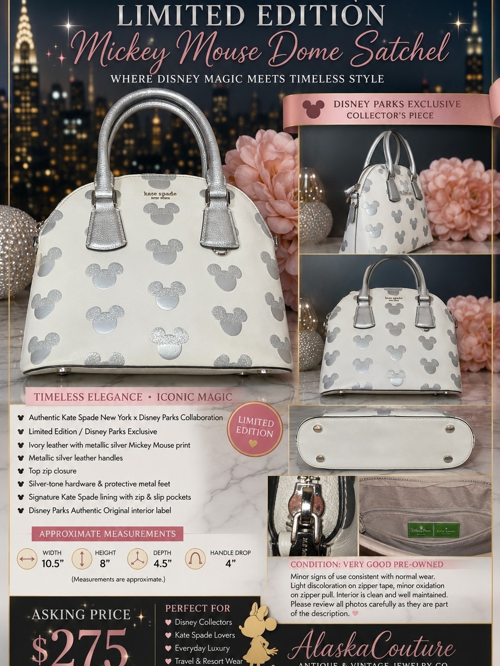 Kate Spade 🩶🤍🖤Limited Edition🖤🤍🩶 DISNEY PARKS Mickey Mouse Dome Satchel